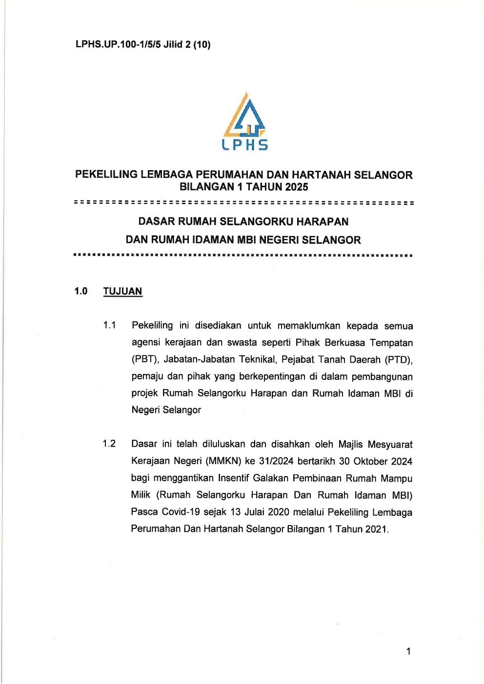 Dasar Rumah Selangorku Harapan dan Rumah Idaman MBI Negeri Selangor (Bil 1. 2025)
