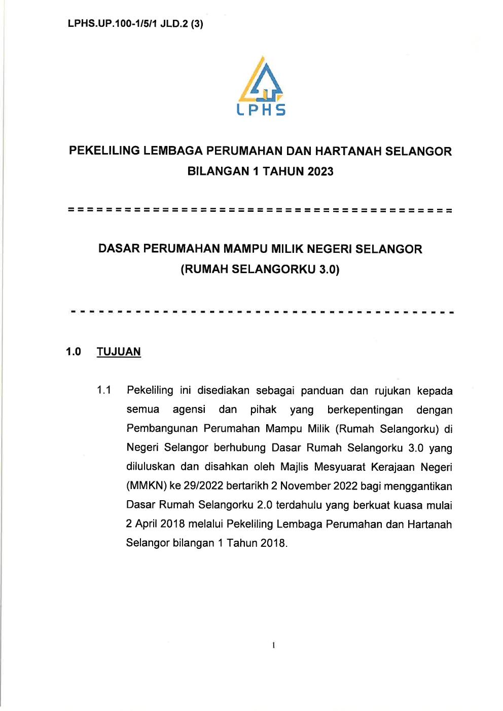 Dasar Perumahan Mampu Milik Negeri Selangor (Rumah Selangorku 3.0)