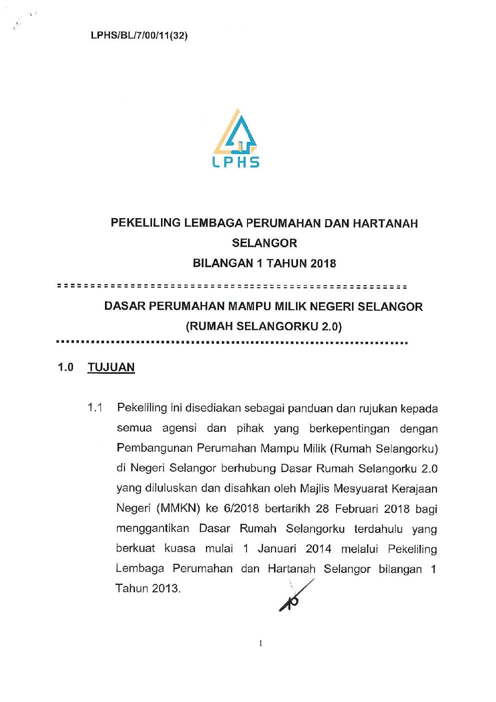 Pekeliling Bilangan 1 Tahun 2018 : Dasar Perumahan Mampu Milik Negeri Selangor (Rumah Selangorku 2.0)