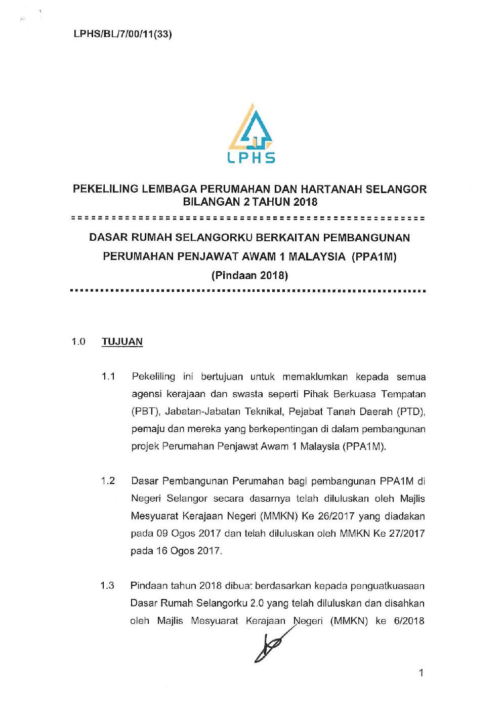 Pekeliling Bilangan 2 Tahun 2018 : Dasar Rumah Selangorku Berkaitan Pembangunan Perumahan Penjawat Awam 1 Malaysia (PPA1M) (Pindaan 2018)